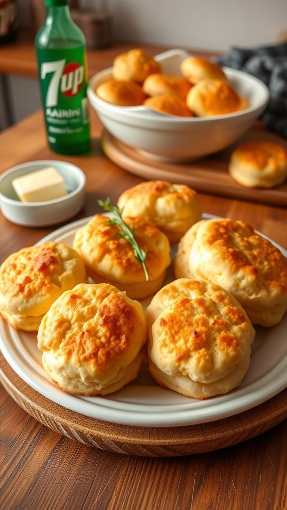 Freshly baked golden brown 7-Up biscuits on a plate with butter.